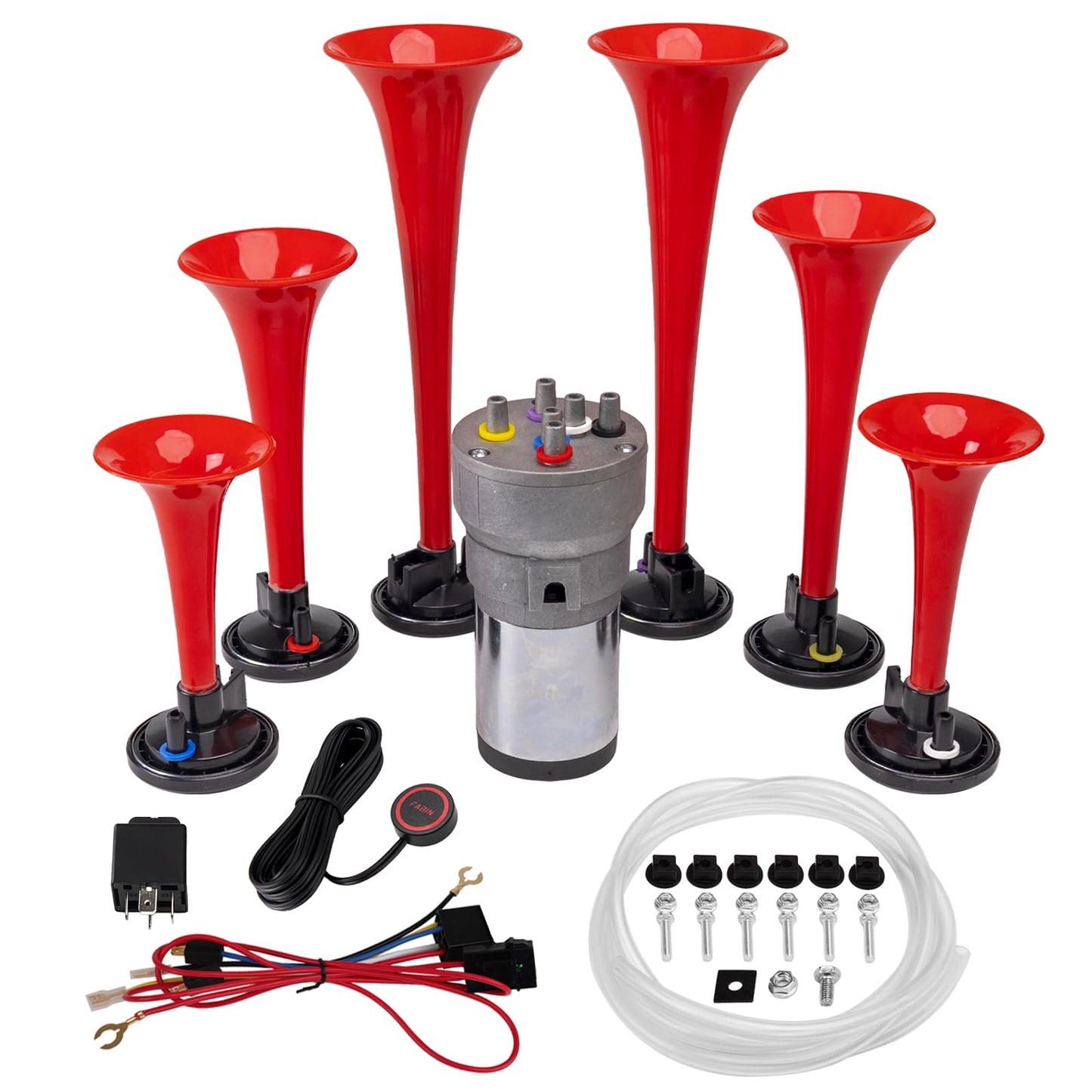FARBIN Musical Horn 6 Trumpet Music Sound Air Horn with Compressor Play Godfather Melody Red 12V 150db for Train Truck Car Boat RV UTV Motorcycle (Godfather)