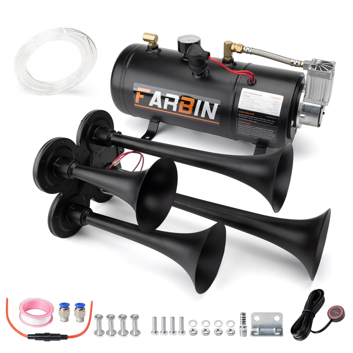 FARBIN 178DB 4 Trumpet Horns Train Horn Kit for Truck Super Loud Air horns with 150 PSI 12V Air Compressor Air Tank Can for Jeep SUV Train Metal Black(0.8 gal 12v black air horn kit)
