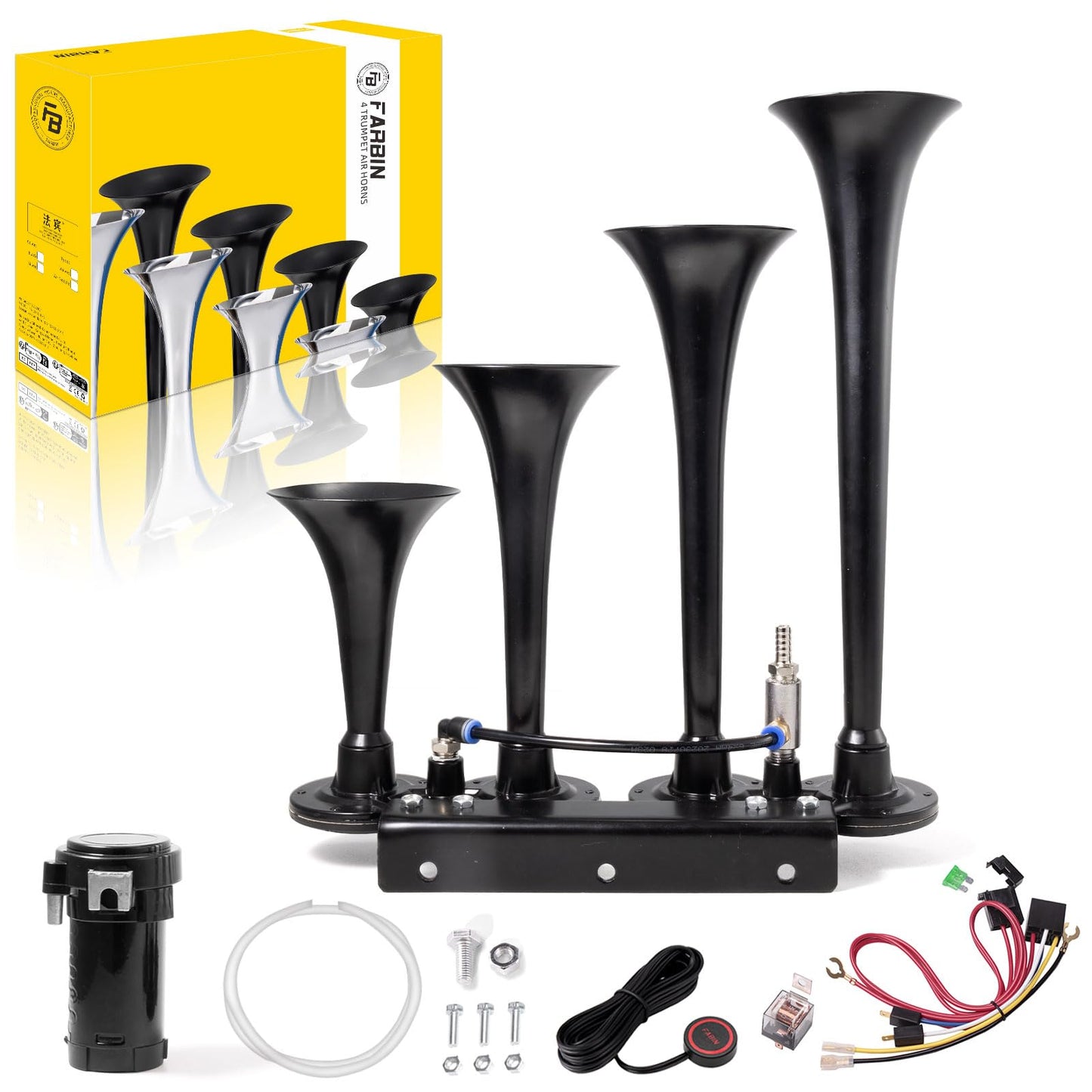FARBIN Truck Air Horn 150DB Train Horn 12V 4 Trumpet Car Horn for Truck Super Loud Air Horns with Compressor for Vehicle Trucks Pickup Jeep SUV Train Boat Matte (Black, with Air pump)