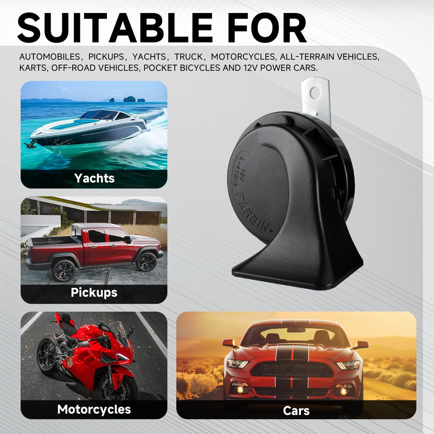 FARBIN Compact Horn 12V Car Horn Loud Low-Tone 410HZ Waterproof Universal for Any 12V Vehicles
