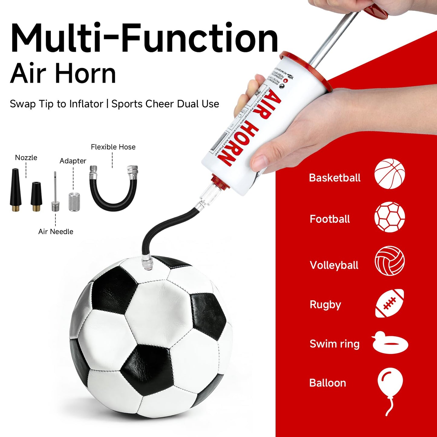 FARBIN Air Horn Air Pump with Ball Pump Kit, Loud Handheld Signal Boat Horn, Personal Safety Horn Alarm, for Boating, Sports Events,Parties, Birthdays, Games, Camping, Graduation, Animals (Red Kit)