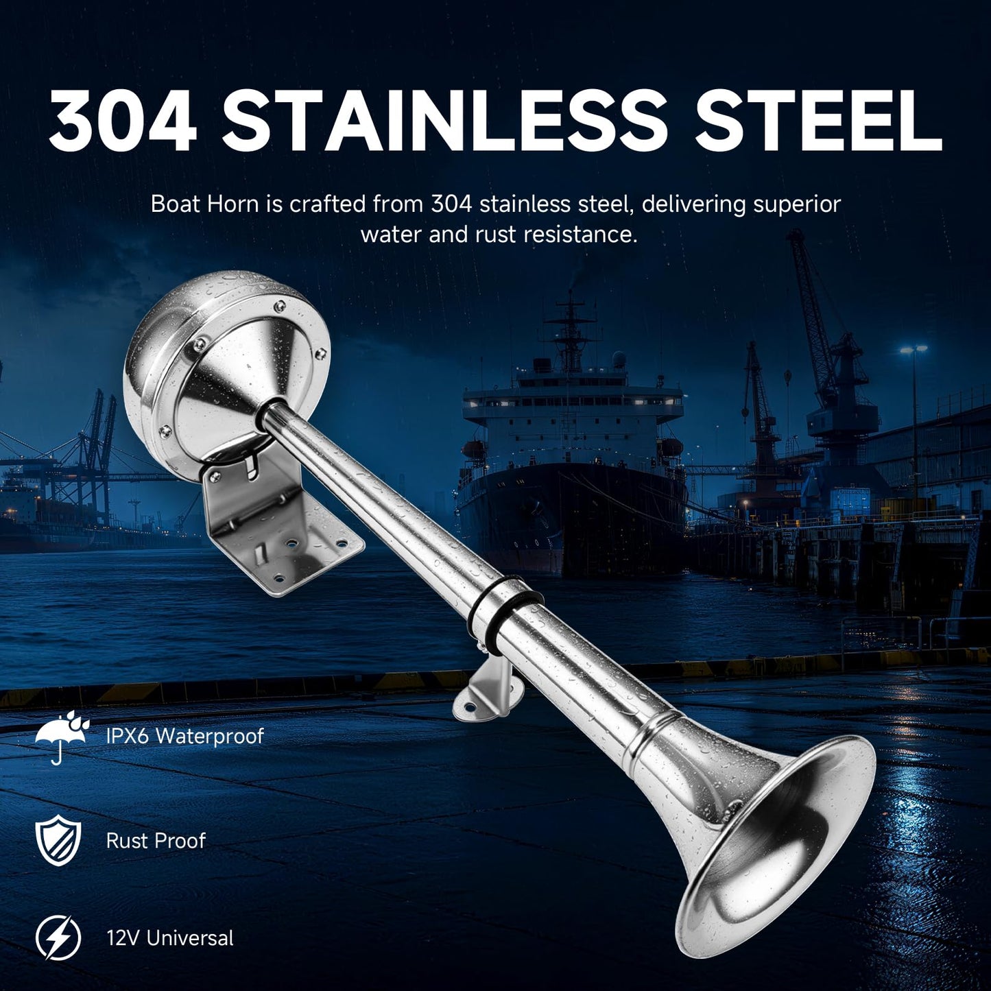 FARBIN 12V Marine Horn, Single Trumpet Stainless Steel Horn, Waterproof Electric Horns for Ships Boats Sailboats Yachts Trucks SUV RV Touring Car etc. (single stainless steel short pipe, 12V)