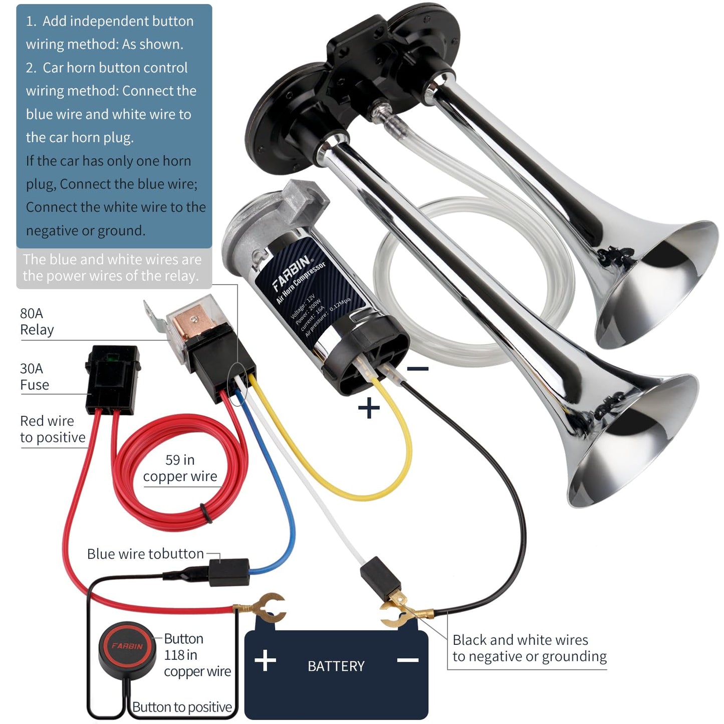 FARBIN Car Horn 12V 150db Super Loud Air Horn, Chrome Zinc Dual Trumpet Air Horns, Truck Horn with Compressor Wire Harness and Button, for Any 12V Vehicles