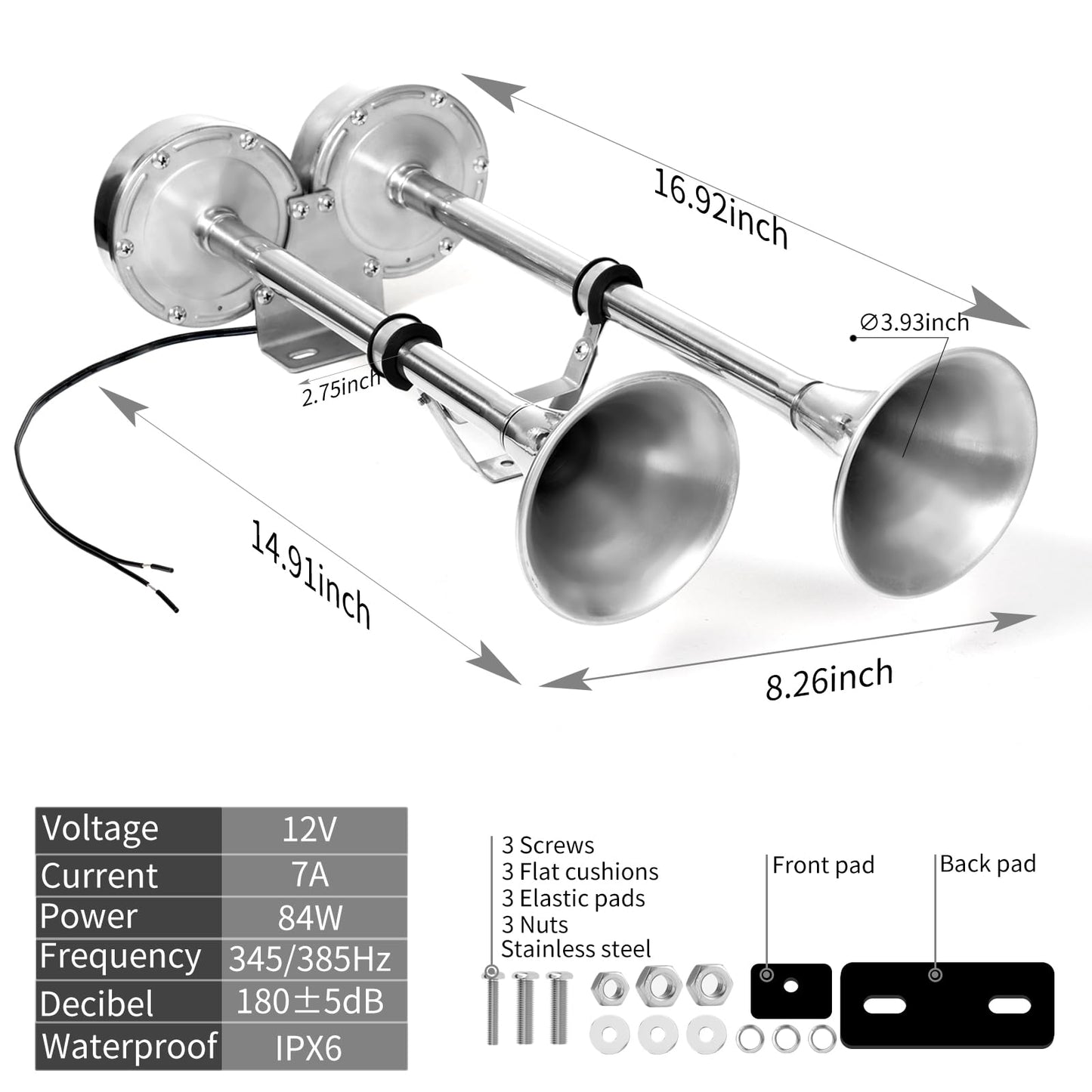 FARBIN Boat Horn 12V Waterproof Stainless Steel Trumpet Marine Horn,Electric Boat Horn for Boats Ship Sailboat Yacht Off-Road Vehicle Truck SUV RV Vans Touring Car (Stainless steel Double Tube)