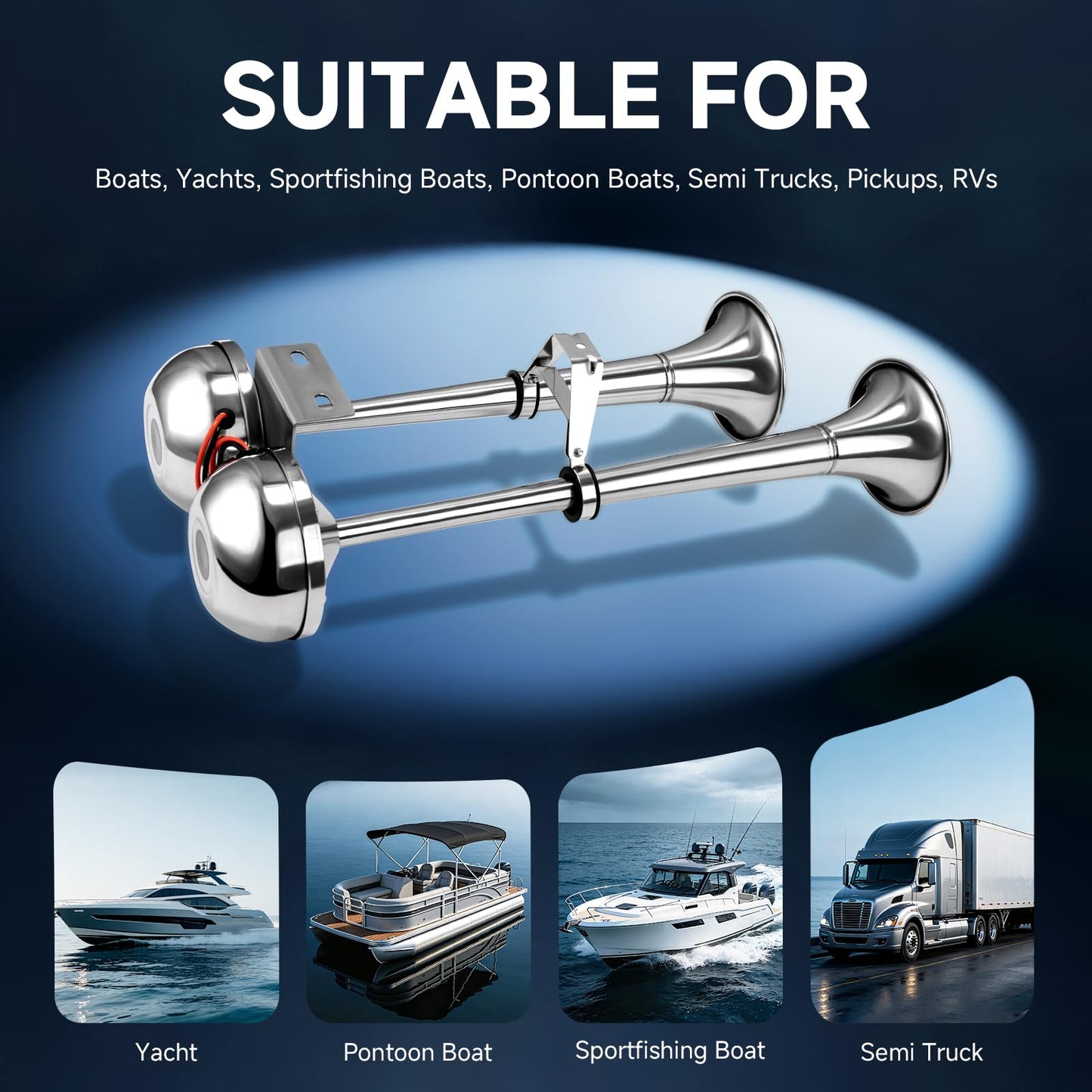 FARBIN Boat horn Waterproof Stainless Steel Dual Trumpet,Electric Horn for 12v Boats Ship Sailboat Yacht Off-Road Vehicle Truck SUV RV Vans Touring Car (Stainless steel double tube, 12V)