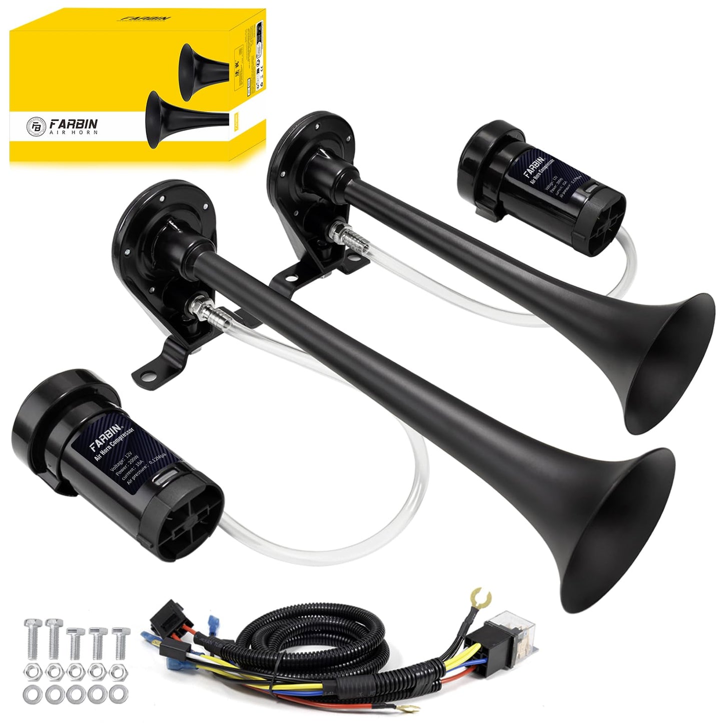 FARBIN Dual Trumpet Air Horn, Train Horn for Truck with 2 Air Compressors, 12V 178dB Loud Horns for Any 12V Vehicles Pickups SUV Lorrys Trucks Boats (Black Trumpet with Button)