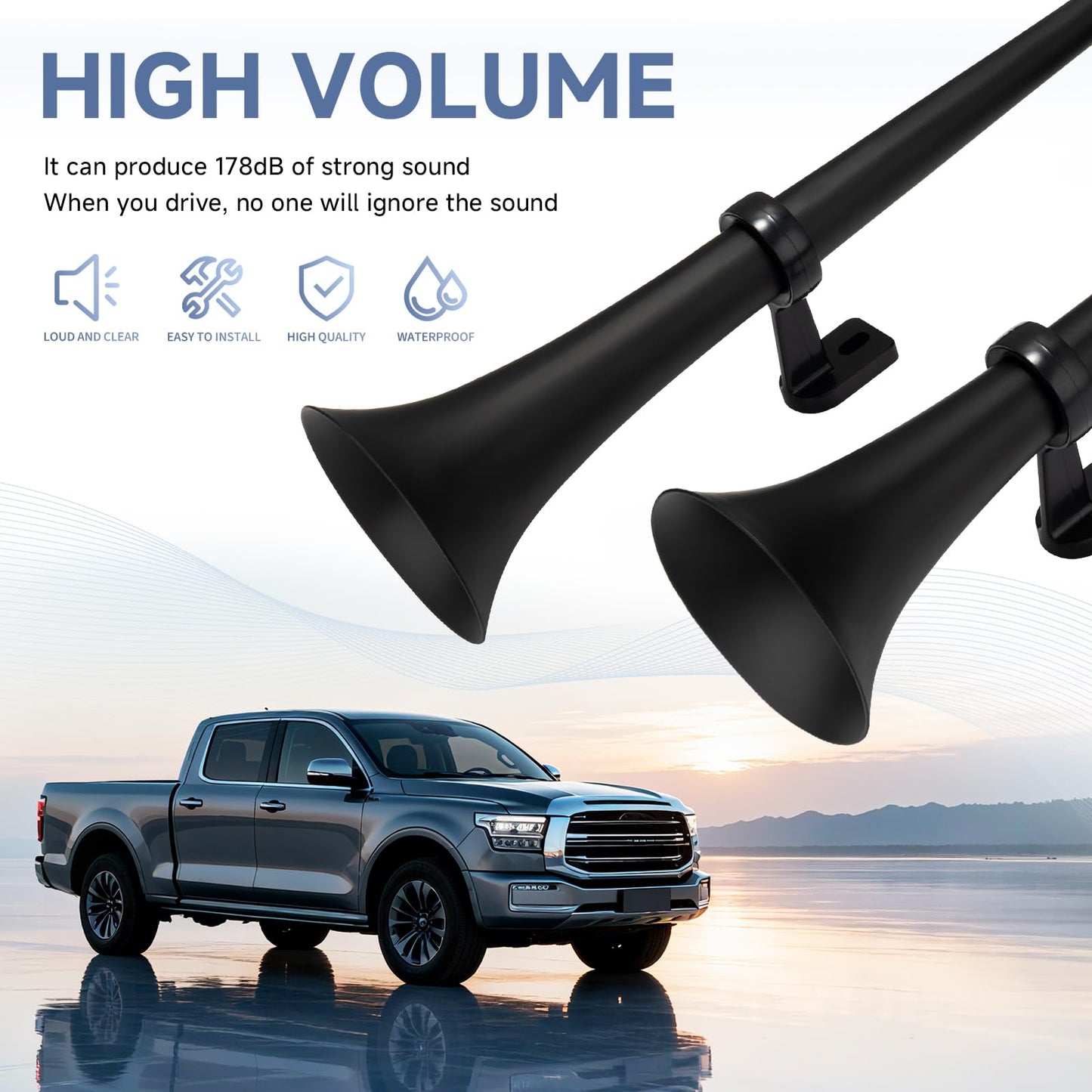 FARBIN Dual Trumpet Air Horn, 12V Train Horn for Truck with 2 Air Compressors,178dB Loud Horns for Any 12V Vehicles Trucks Pickups SUV Lorrys Boats (Black Integrated Trumpet with Button)