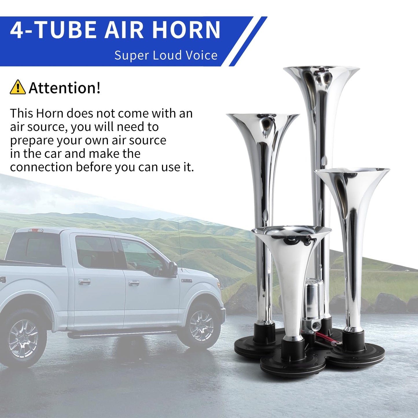 FARBIN Truck Air Horn 178DB 4 Trumpet Train Horn 12V/24V Car Horn for Trucks Super Loud Air Horns with Electric Solenoid Universal for Truck Car Pickup Jeep SUV Train Boat Silver(Silver 4-tube 12/24V)