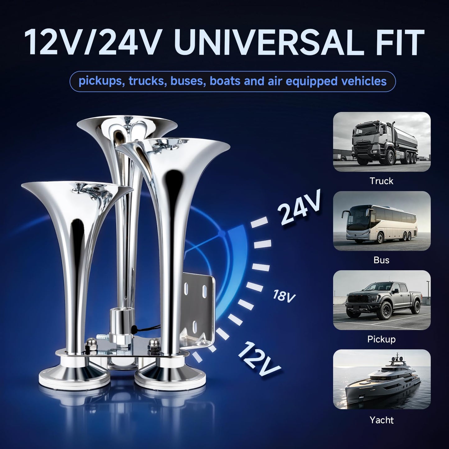 FARBIN Air Horn, 12/24V Heavy Duty Triple Trumpets Chrome Plated, Super Loud Train Horn for Truck Pickup Jeep RV SUV Boat