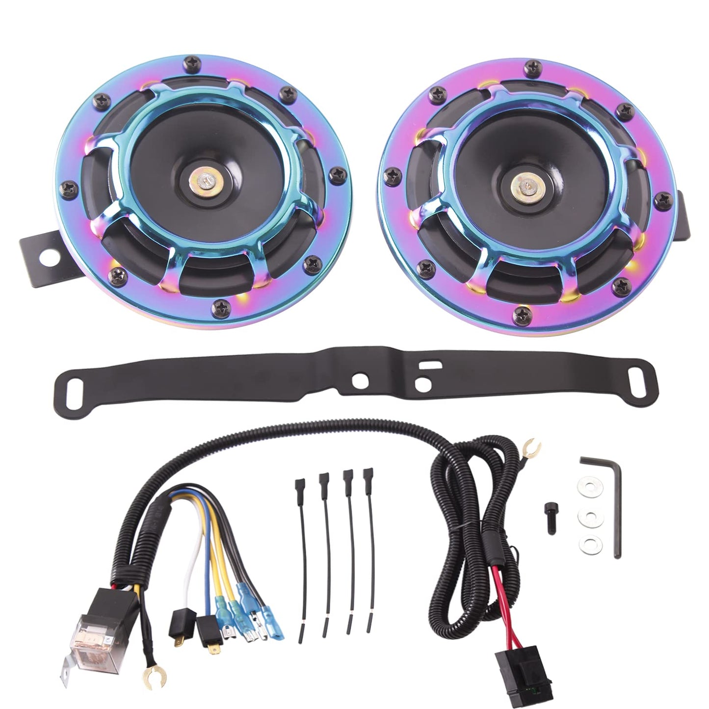FARBIN Waterproof Car Horn Loud Super tone High Tone/Low Tone Metal Twin Horns Kit with Protective Grill (red horn with harness and bracket)