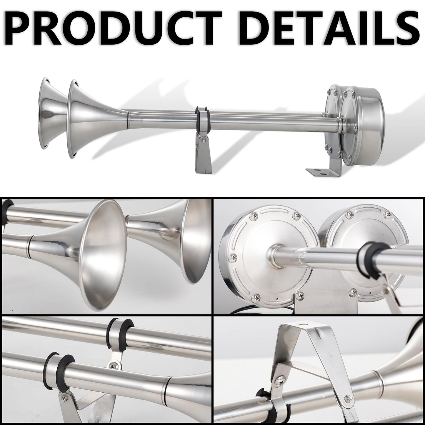FARBIN Boat Horn 12V Waterproof Stainless Steel Trumpet Marine Horn,Electric Boat Horn for Boats Ship Sailboat Yacht Off-Road Vehicle Truck SUV RV Vans Touring Car (Stainless steel Double Tube)