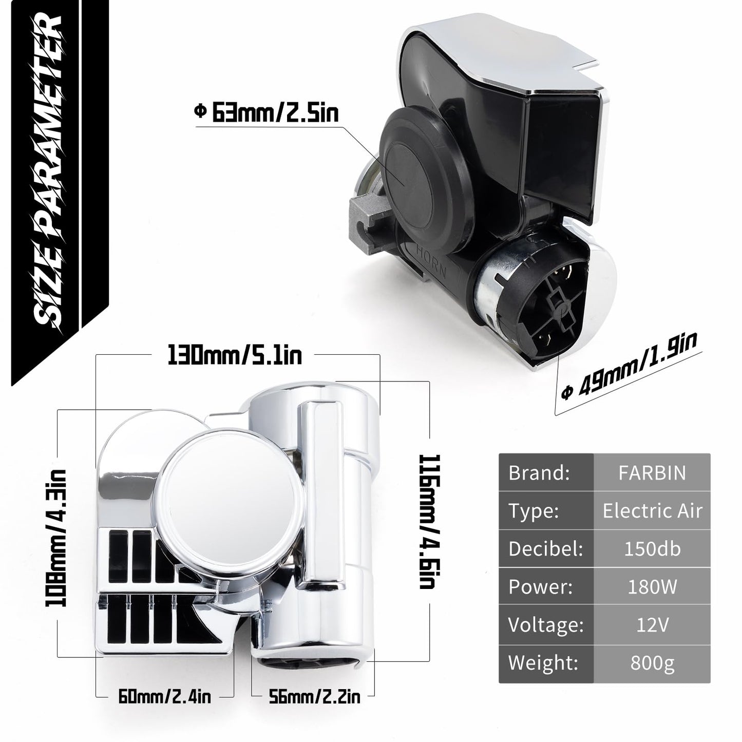 FARBIN Air Horn for Cars Trucks Motorcycle with Horn Cover Silver 12V 150DB Train Sound Car Horn Kit Super Loud Horns for Motorbike Truck Boat Pickup (12V, Silver Shell)