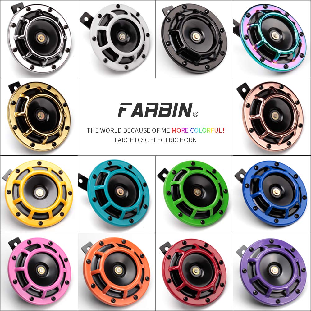 FARBIN Waterproof Car Horn Loud Super tone High Tone/Low Tone Metal Twin Horns Kit with Protective Grill (red horn with harness and bracket)