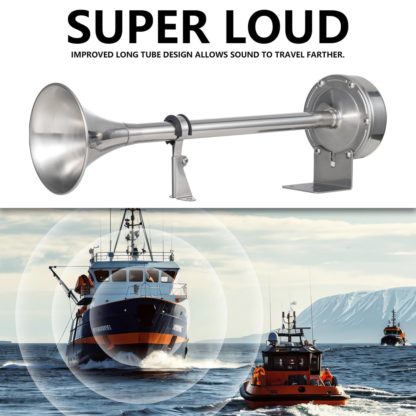 FARBIN Boat Horn Marine 12V Stainless Steel Single Trumpet Boat Horn Waterproof Electric Horn for Ships Boats Sailboats Yachts Trucks SUV RV Touring Car etc. (single stainless steel short pipe, 12V)