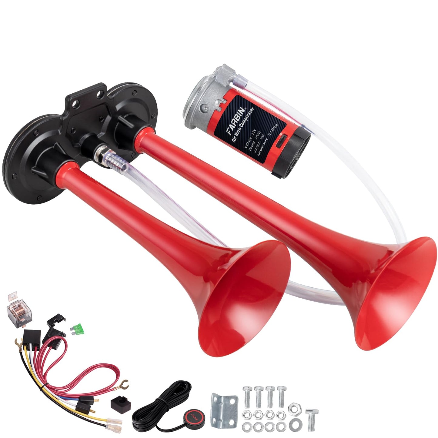 FARBIN Car Horn 12V 150db Super Loud Air Horn, Chrome Zinc Dual Trumpet Air Horns, Truck Horn with Compressor Wire Harness and Button, for Any 12V Vehicles