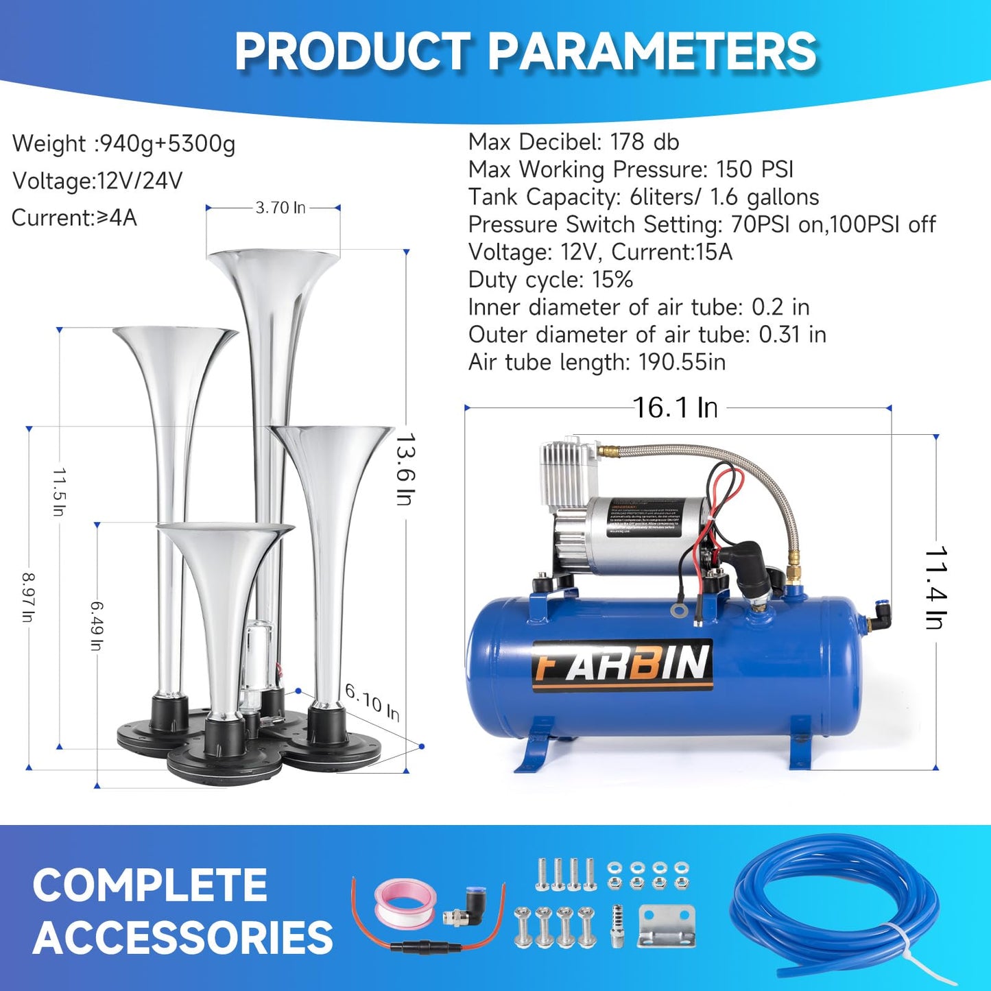 FARBIN Bocina de Tren para Camión 178DB Bocinas de Aire Superaltas Kit de 4 Bocinas de Trompeta con Compresor de Aire de 150 PSI 12V Tanque de Aire de 22.7 Litros para Camión, Coche, Jeep, SUV, Tren