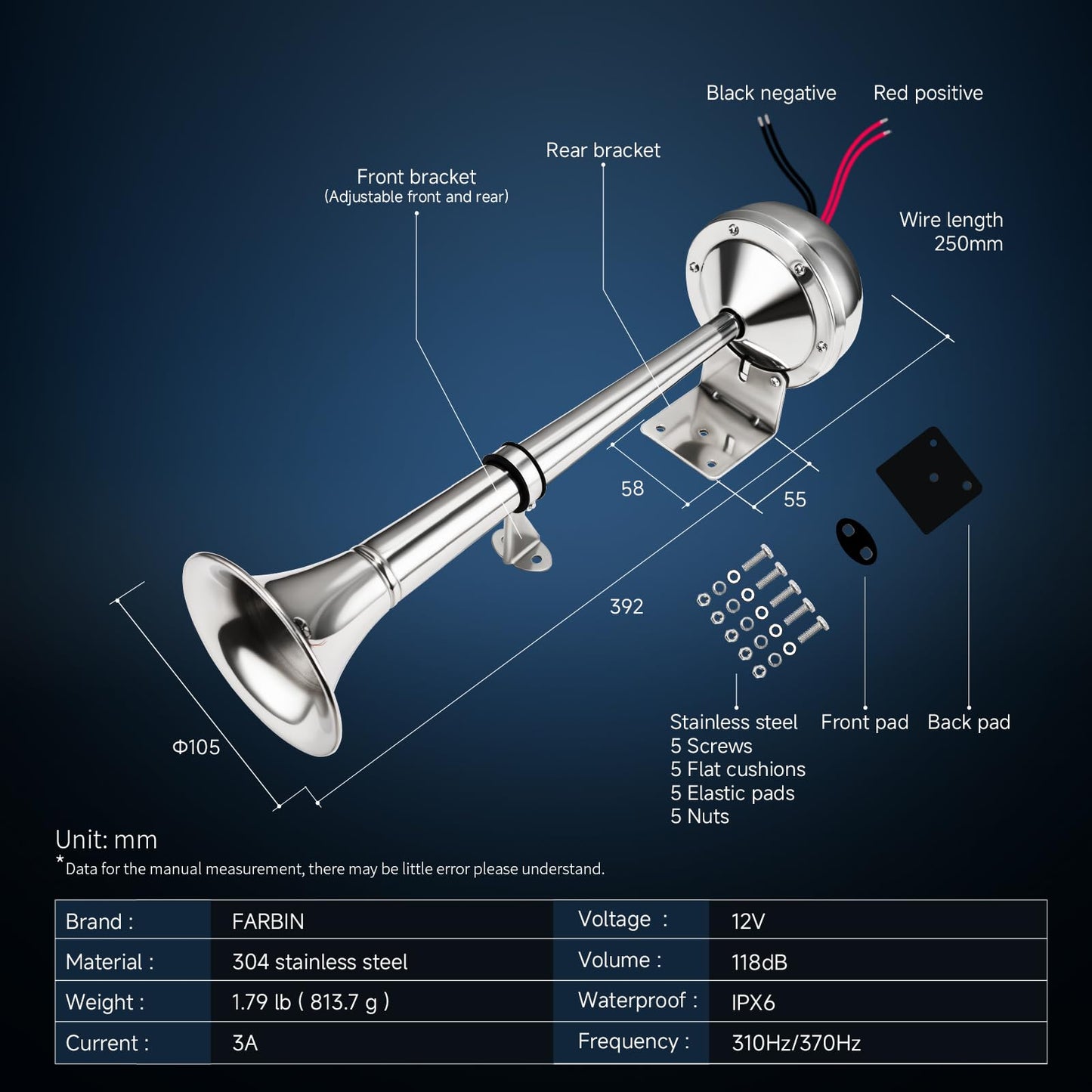 FARBIN 12V Marine Horn, Single Trumpet Stainless Steel Horn, Waterproof Electric Horns for Ships Boats Sailboats Yachts Trucks SUV RV Touring Car etc. (single stainless steel short pipe, 12V)