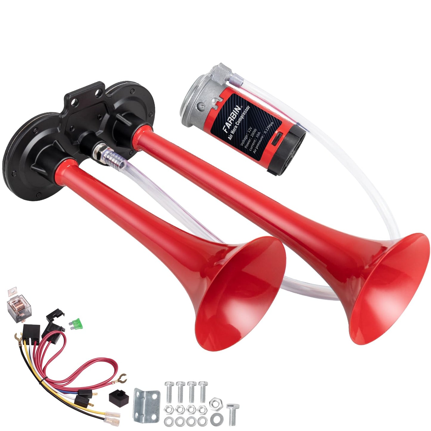 FARBIN Car Horn 12V 150db Super Loud Air Horn, Chrome Zinc Dual Trumpet Air Horns, Truck Horn with Compressor Wire Harness and Button, for Any 12V Vehicles