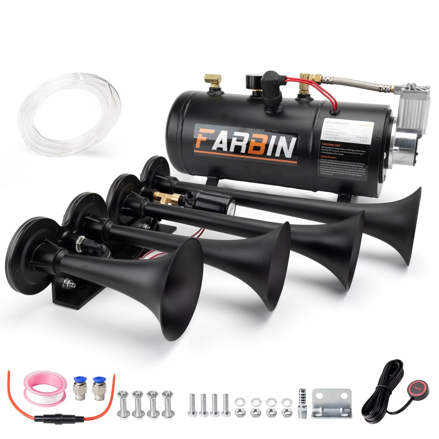 FARBIN 178DB 4 Trumpet Horns Train Horn Kit for Truck Super Loud Air horns with 150 PSI 12V Air Compressor Air Tank Can for Jeep SUV Train Metal Black(0.8 gal 12v black air horn kit)