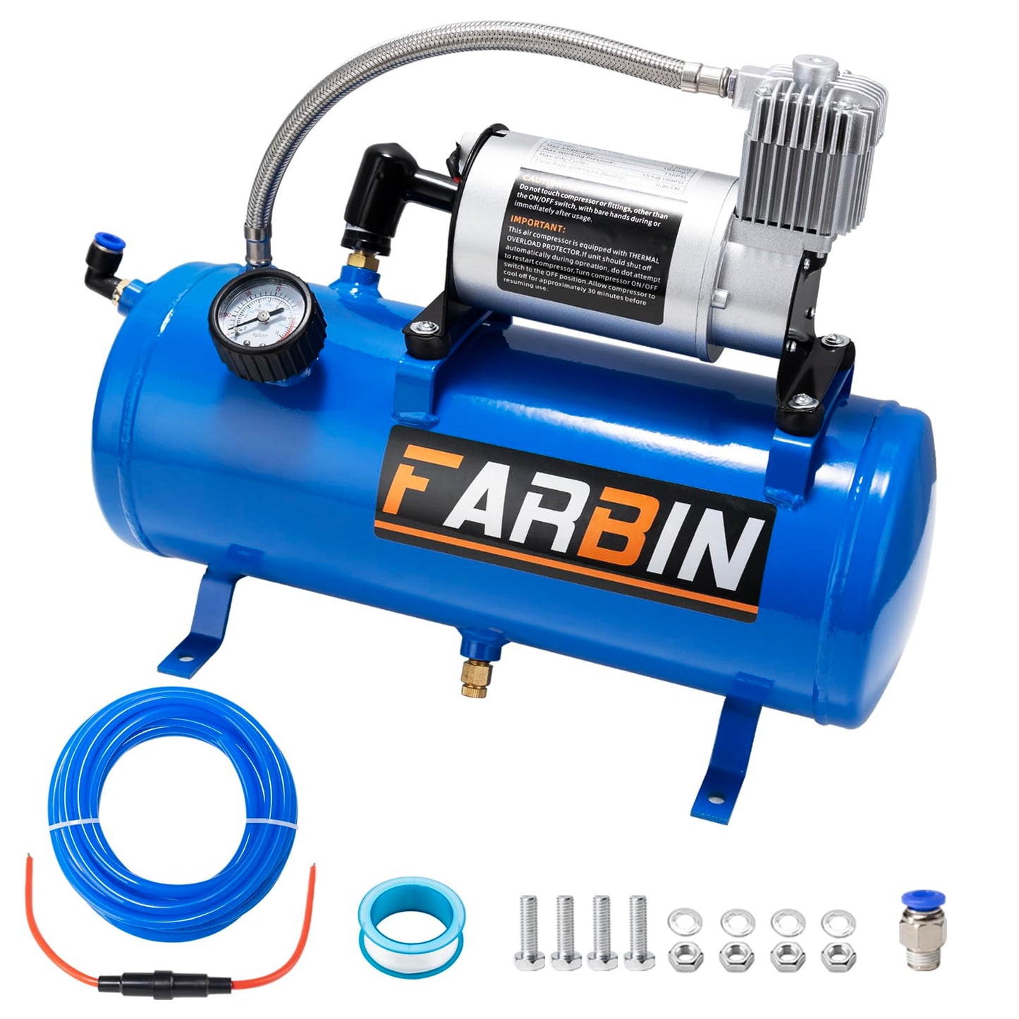 FARBIN Bocina de Tren para Camión 178DB Bocinas de Aire Superaltas Kit de 4 Bocinas de Trompeta con Compresor de Aire de 150 PSI 12V Tanque de Aire de 22.7 Litros para Camión, Coche, Jeep, SUV, Tren