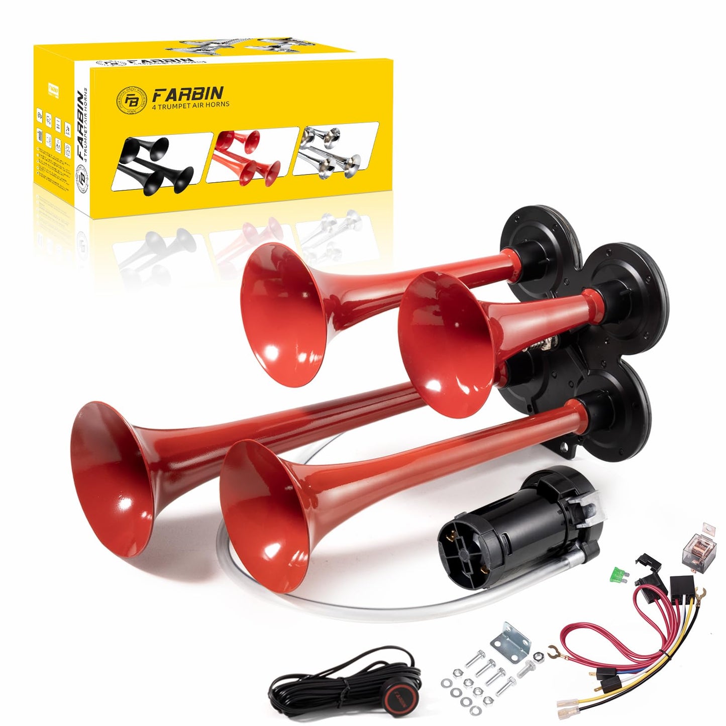 FARBIN Truck Air Horn 150DB Train Horn 12V 4 Trumpet Car Horn for Truck Super Loud Air Horns with Compressor for Vehicle Trucks Pickup Jeep SUV Train Boat Matte (Black, with Air pump)