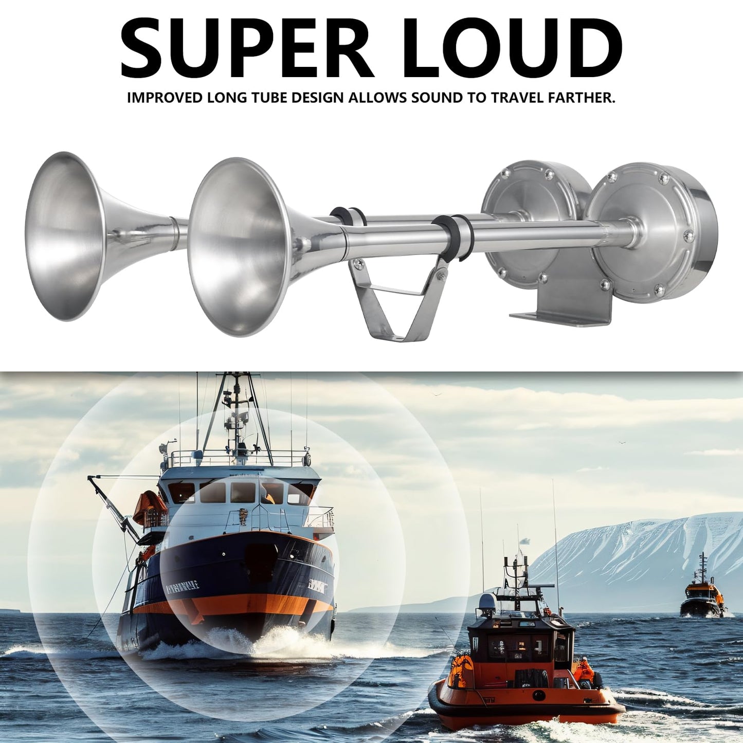 FARBIN Boat Horn 12V Waterproof Stainless Steel Trumpet Marine Horn,Electric Boat Horn for Boats Ship Sailboat Yacht Off-Road Vehicle Truck SUV RV Vans Touring Car (Stainless steel Double Tube)