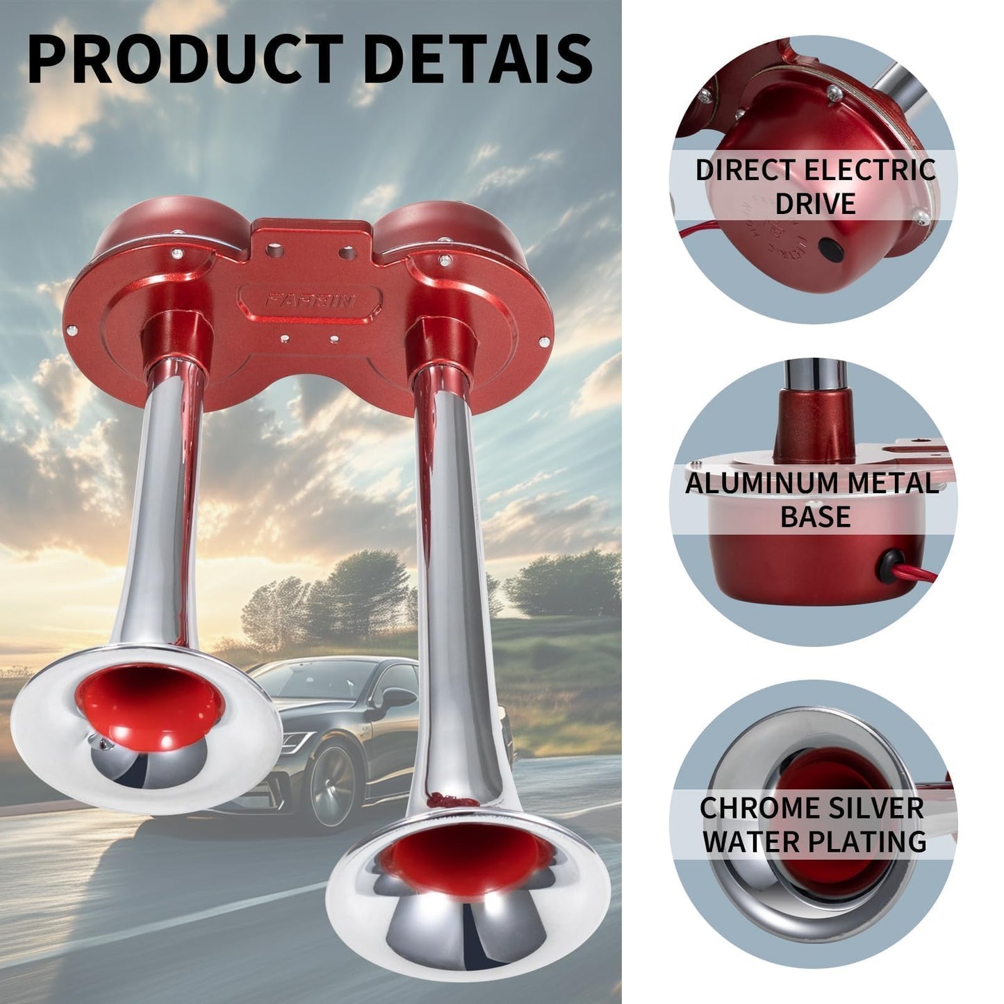 FARBIN Car Horns 12V Loud Train Horn for Car Electric Truck Horn Dual Horns Chrome for Motorcycle Truck Pickup SUV Boat