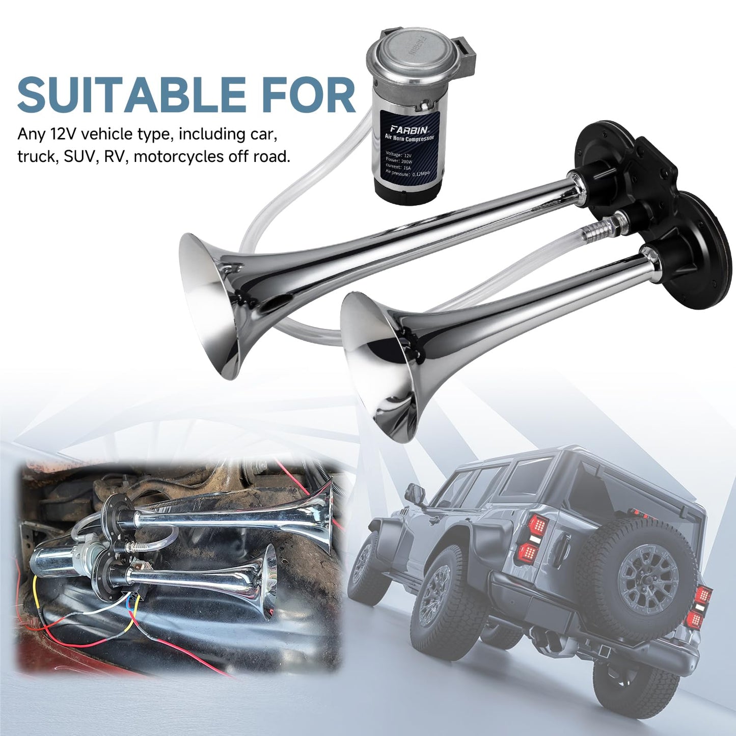 FARBIN Car Horn 12V 150db Super Loud Air Horn, Chrome Zinc Dual Trumpet Air Horns, Truck Horn with Compressor Wire Harness and Button, for Any 12V Vehicles