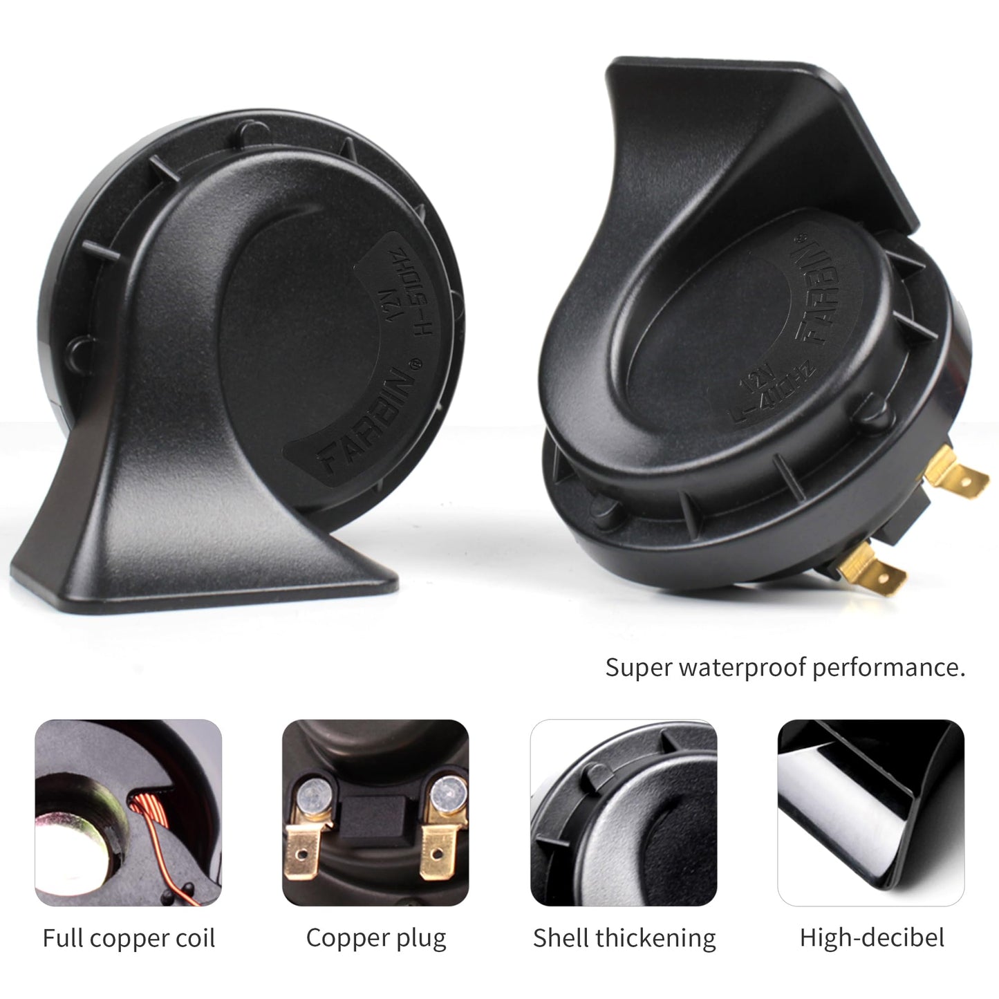 FARBIN Horns Auto Horn 12V Car Horn Loud Dual-Tone Waterproof Electric Snail Horns Kit Universal for Any 12V Vehicles Black (Black horn, 12v)