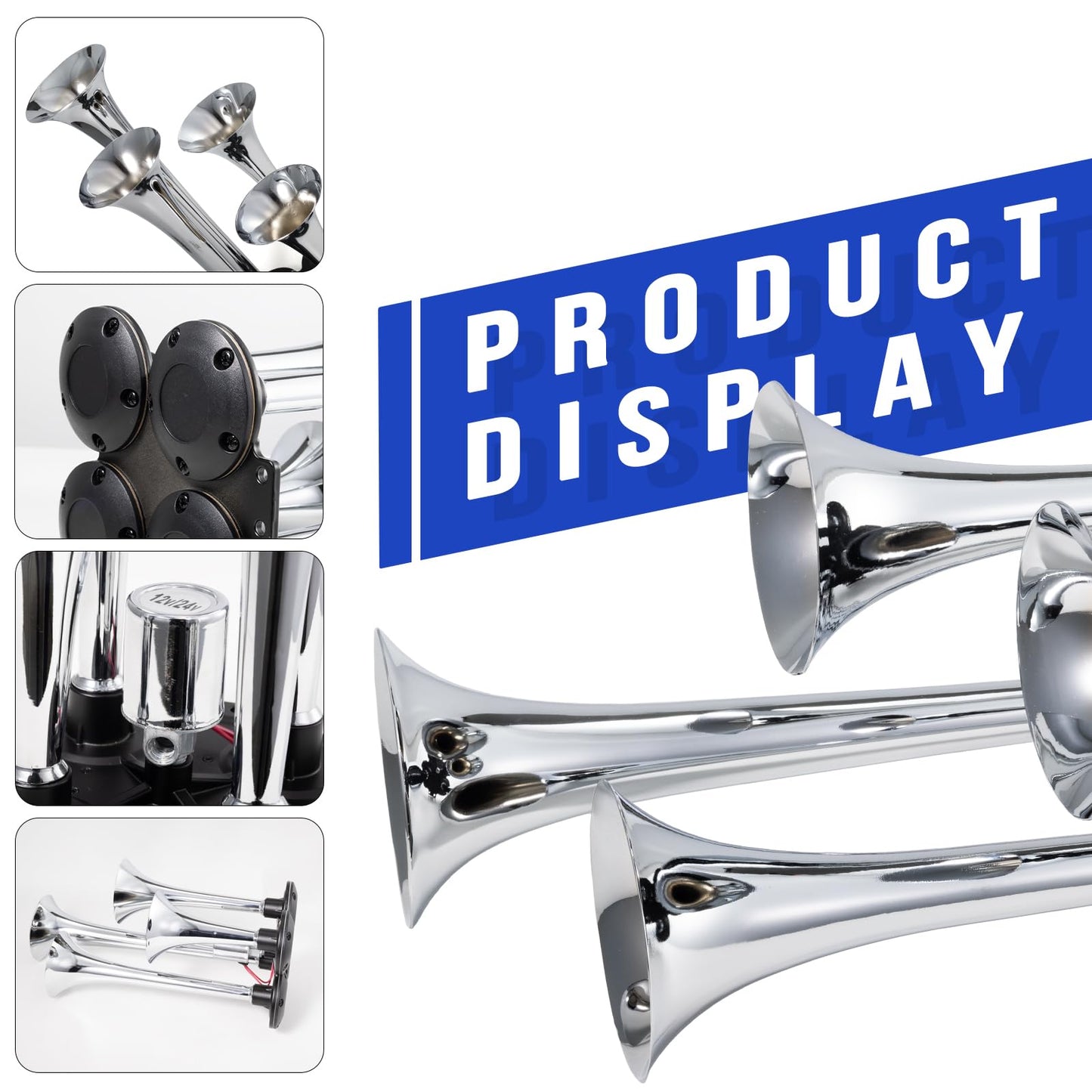 FARBIN Truck Air Horn 178DB 4 Trumpet Train Horn 12V/24V Car Horn for Trucks Super Loud Air Horns with Electric Solenoid Universal for Truck Car Pickup Jeep SUV Train Boat Silver(Silver 4-tube 12/24V)