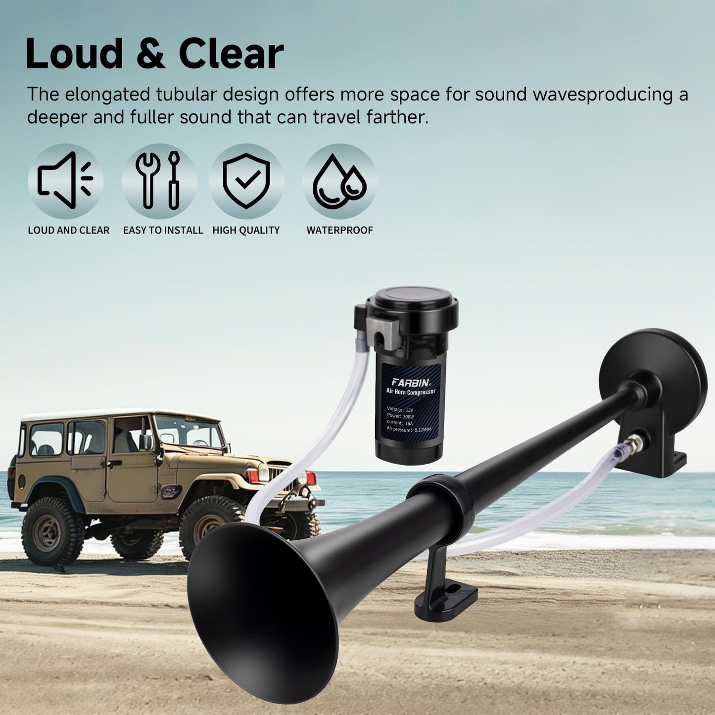 FARBIN Train Horn for Truck 12V 150 db Air Horn for Car Super Loud 18" Single Trumpet Truck Horn with Compressor and Wire Harness
