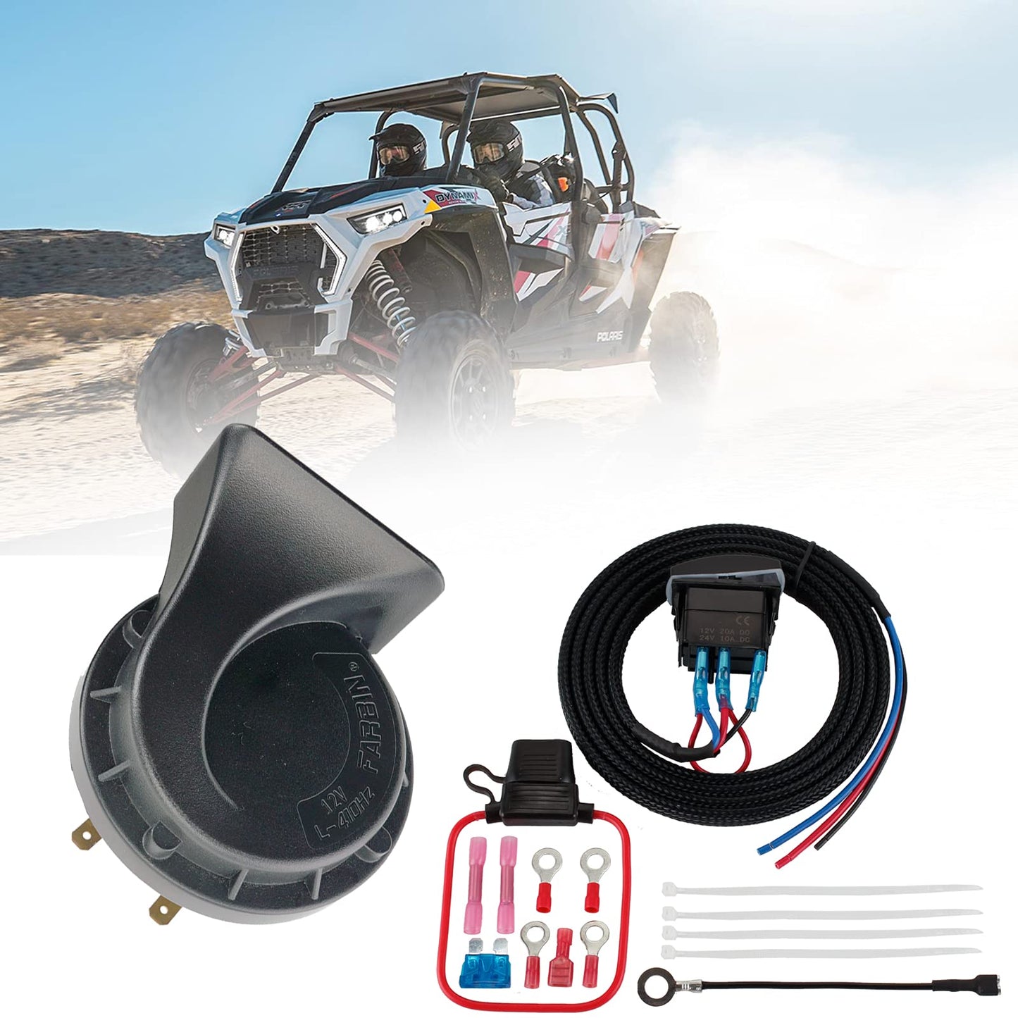 FARBIN Universal ATV Horn Kit For Polaris RZR, Ranger, General,Golf Cart,Side by Side,Dune Buggy,Sportsman, Sand Rail,UTV, Commander, Maverick & X3,etc