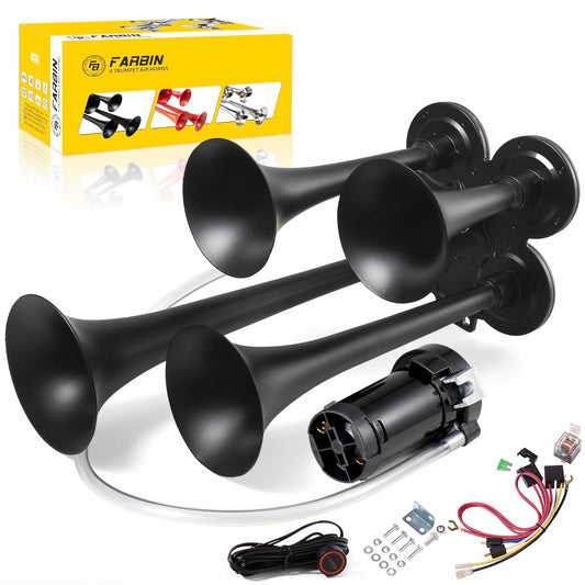 FARBIN Truck Air Horn 150DB Train Horn 12V 4 Trumpet Car Horn for Truck Super Loud Air Horns with Compressor for Vehicle Trucks Pickup Jeep SUV Train Boat Matte (Black, with Air pump)