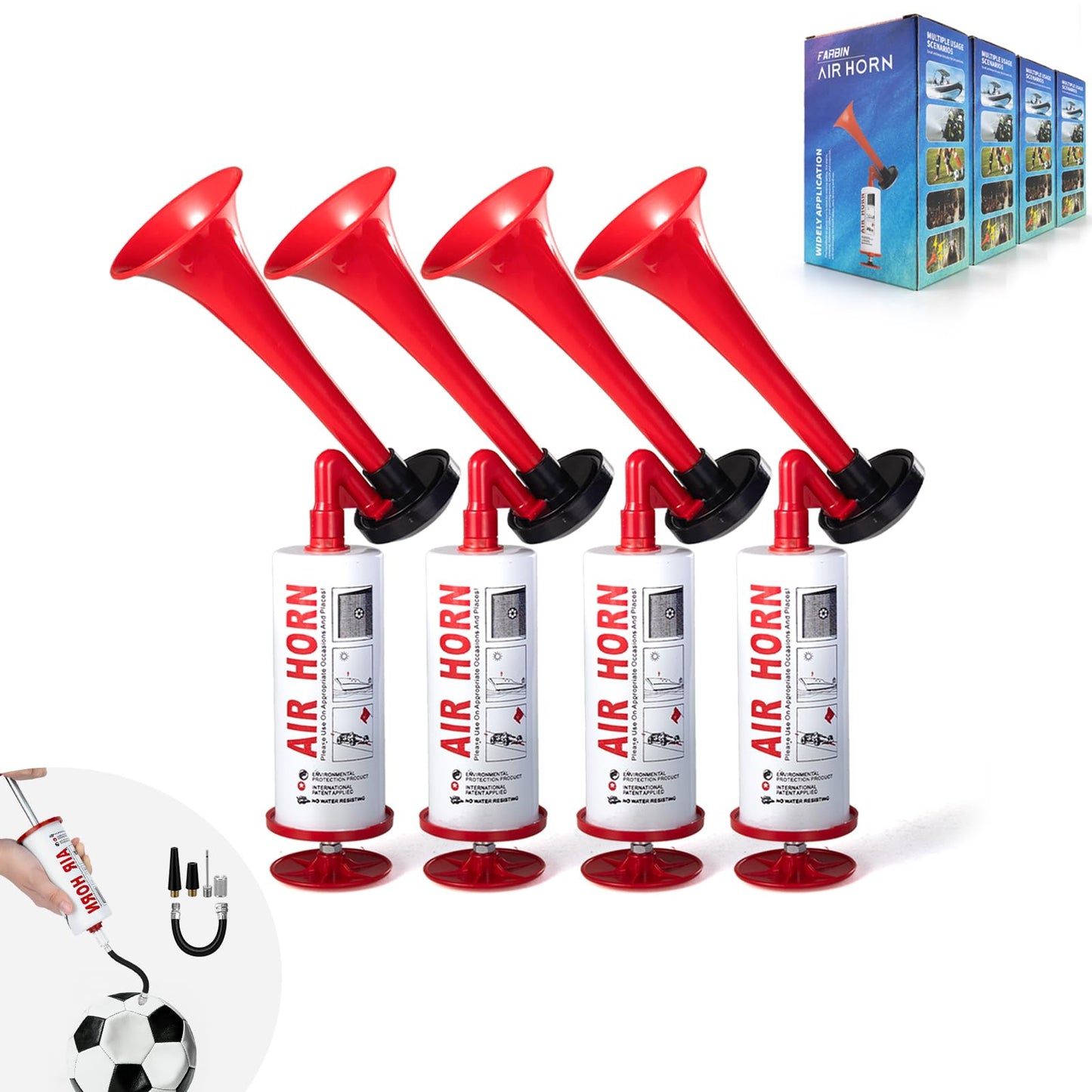 FARBIN Air Horn Air Pump with Ball Pump Kit, Loud Handheld Signal Boat Horn, Personal Safety Horn Alarm, for Boating, Sports Events,Parties, Birthdays, Games, Camping, Graduation, Animals (Red Kit)