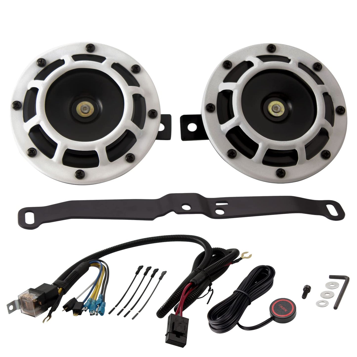 FARBIN Waterproof Car Horn Loud Super tone High Tone/Low Tone Metal Twin Horns Kit with Protective Grill (red horn with harness and bracket)