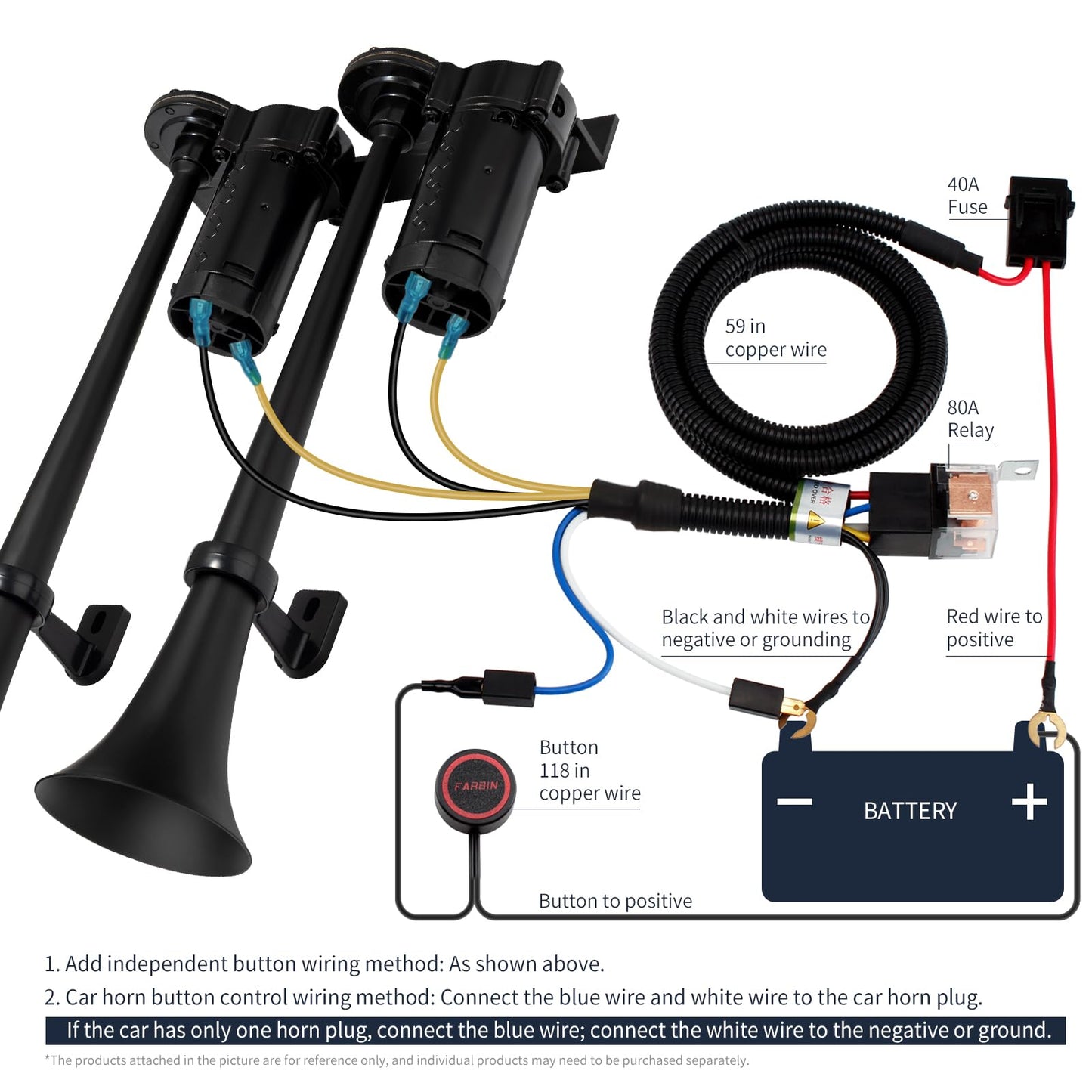 FARBIN Dual Trumpet Air Horn, 12V Train Horn for Truck with 2 Air Compressors,178dB Loud Horns for Any 12V Vehicles Trucks Pickups SUV Lorrys Boats (Black Integrated Trumpet with Button)
