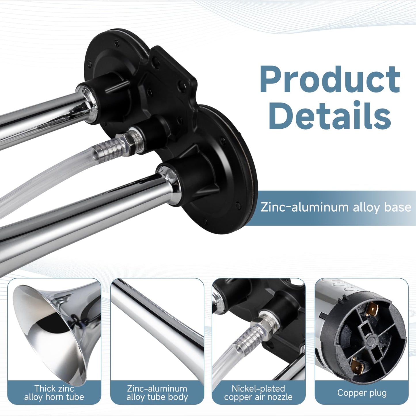 FARBIN Car Horn 12V 150db Super Loud Air Horn, Chrome Zinc Dual Trumpet Air Horns, Truck Horn with Compressor Wire Harness and Button, for Any 12V Vehicles