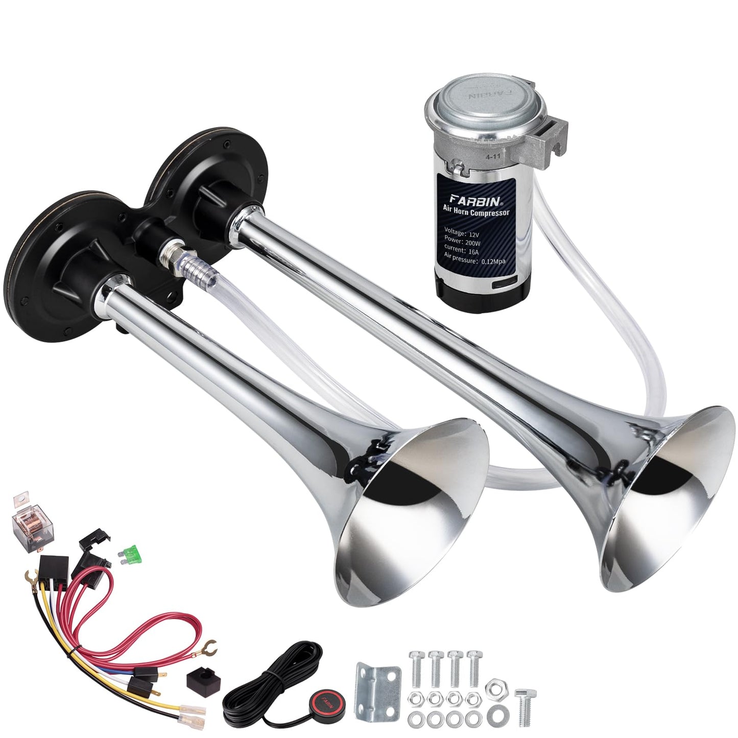 FARBIN Car Horn 12V 150db Super Loud Air Horn, Chrome Zinc Dual Trumpet Air Horns, Truck Horn with Compressor Wire Harness and Button, for Any 12V Vehicles