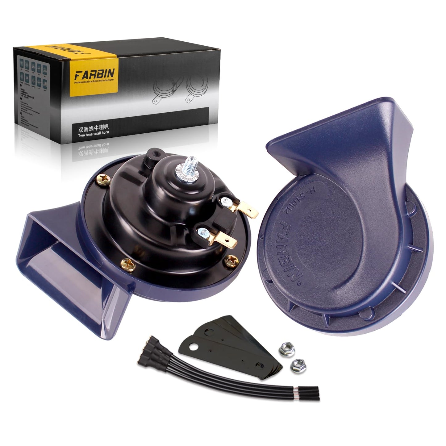 FARBIN Horns Auto Horn 12V Car Horn Loud Dual-Tone Waterproof Electric Snail Horns Kit Universal for Any 12V Vehicles Black (Black horn, 12v)