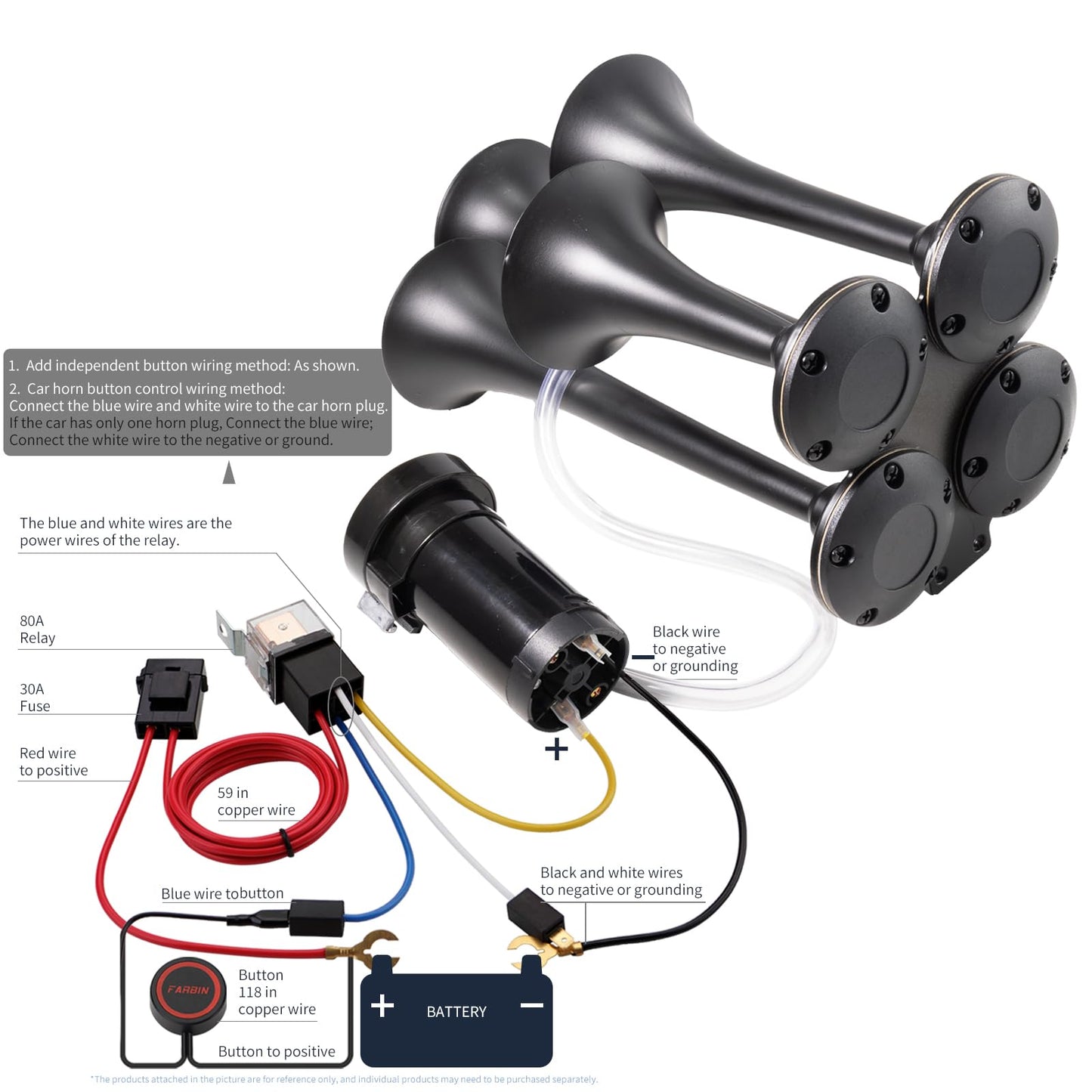 FARBIN Truck Air Horn 150DB Train Horn 12V 4 Trumpet Car Horn for Truck Super Loud Air Horns with Compressor for Vehicle Trucks Pickup Jeep SUV Train Boat Matte (Black, with Air pump)