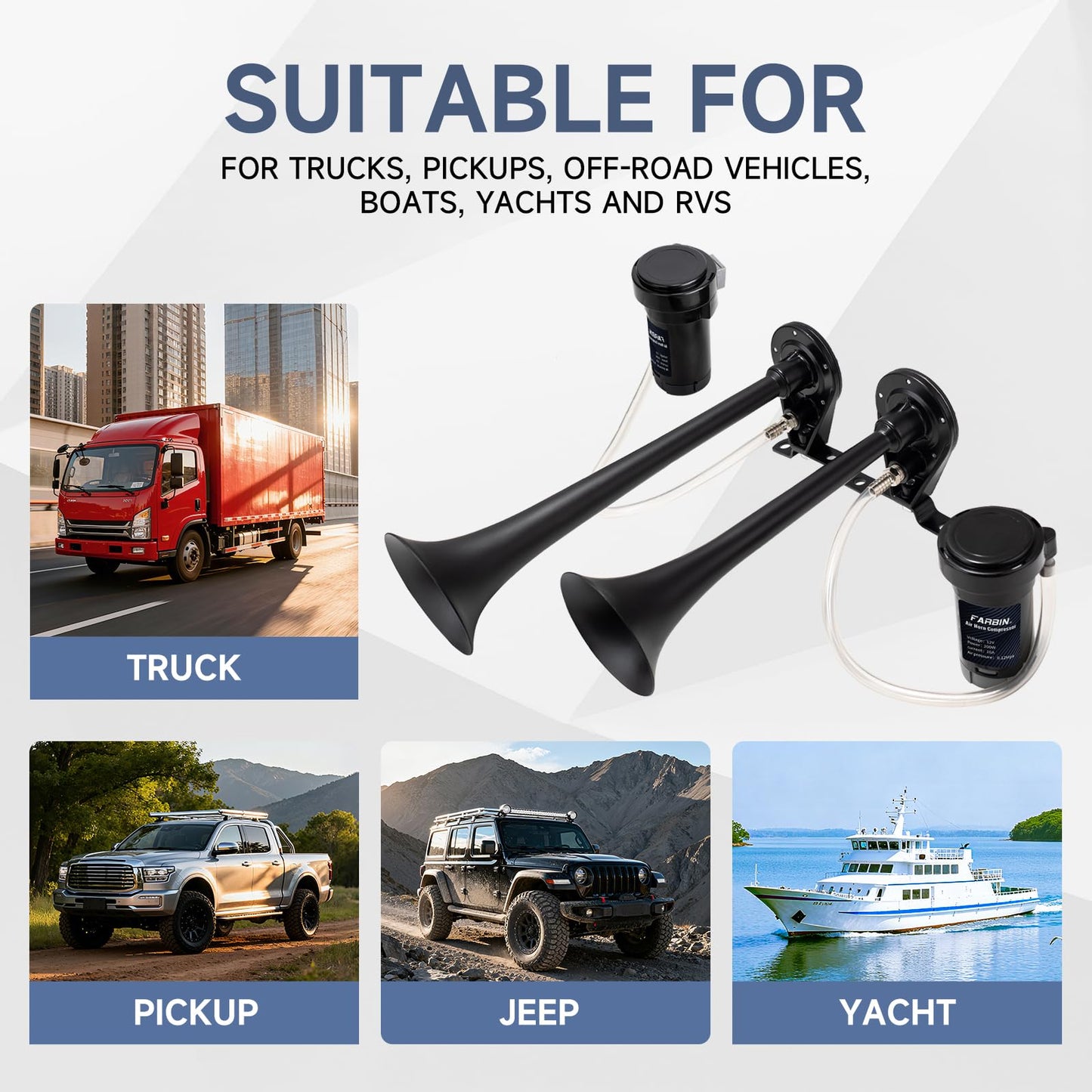FARBIN Dual Trumpet Air Horn, Train Horn for Truck with 2 Air Compressors, 12V 178dB Loud Horns for Any 12V Vehicles Pickups SUV Lorrys Trucks Boats (Black Trumpet with Button)