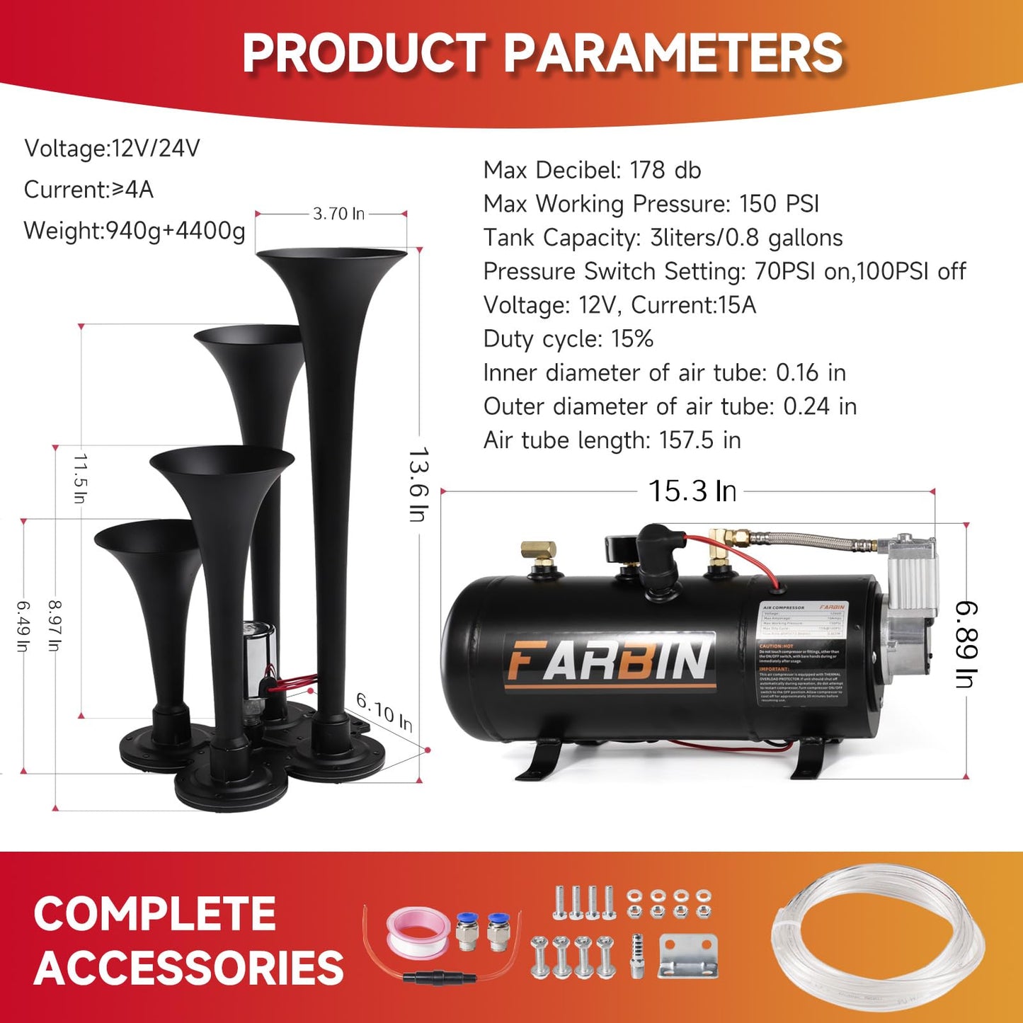 FARBIN 178DB 4 Trumpet Horns Train Horn Kit for Truck Super Loud Air horns with 150 PSI 12V Air Compressor Air Tank Can for Jeep SUV Train Metal Black(0.8 gal 12v black air horn kit)
