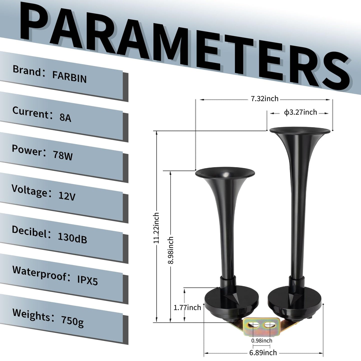 FARBIN Train Horns 12V Electric Truck Horn Loud Dual Car Horns with Bracket for Semi Truck Pickup SUV Boat (Black)