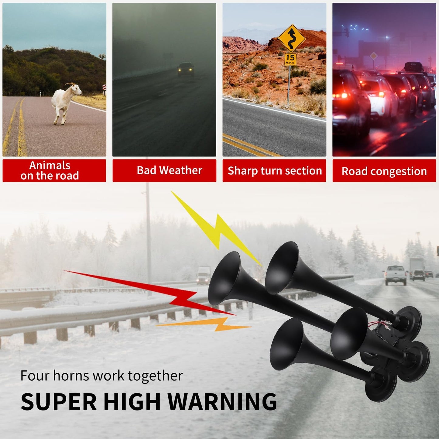 FARBIN Truck Air Horn 150DB Train Horn 12V 4 Trumpet Car Horn for Truck Super Loud Air Horns with Compressor for Vehicle Trucks Pickup Jeep SUV Train Boat Matte (Black, with Air pump)
