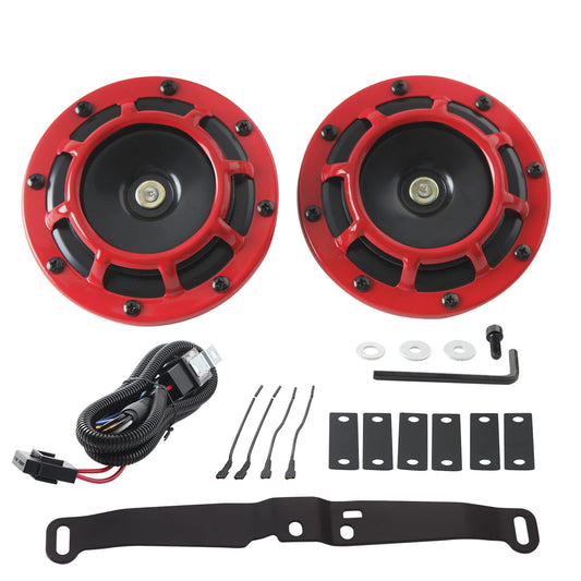 FARBIN Waterproof Car Horn Loud Super tone High Tone/Low Tone Metal Twin Horns Kit with Protective Grill (red horn with harness and bracket)