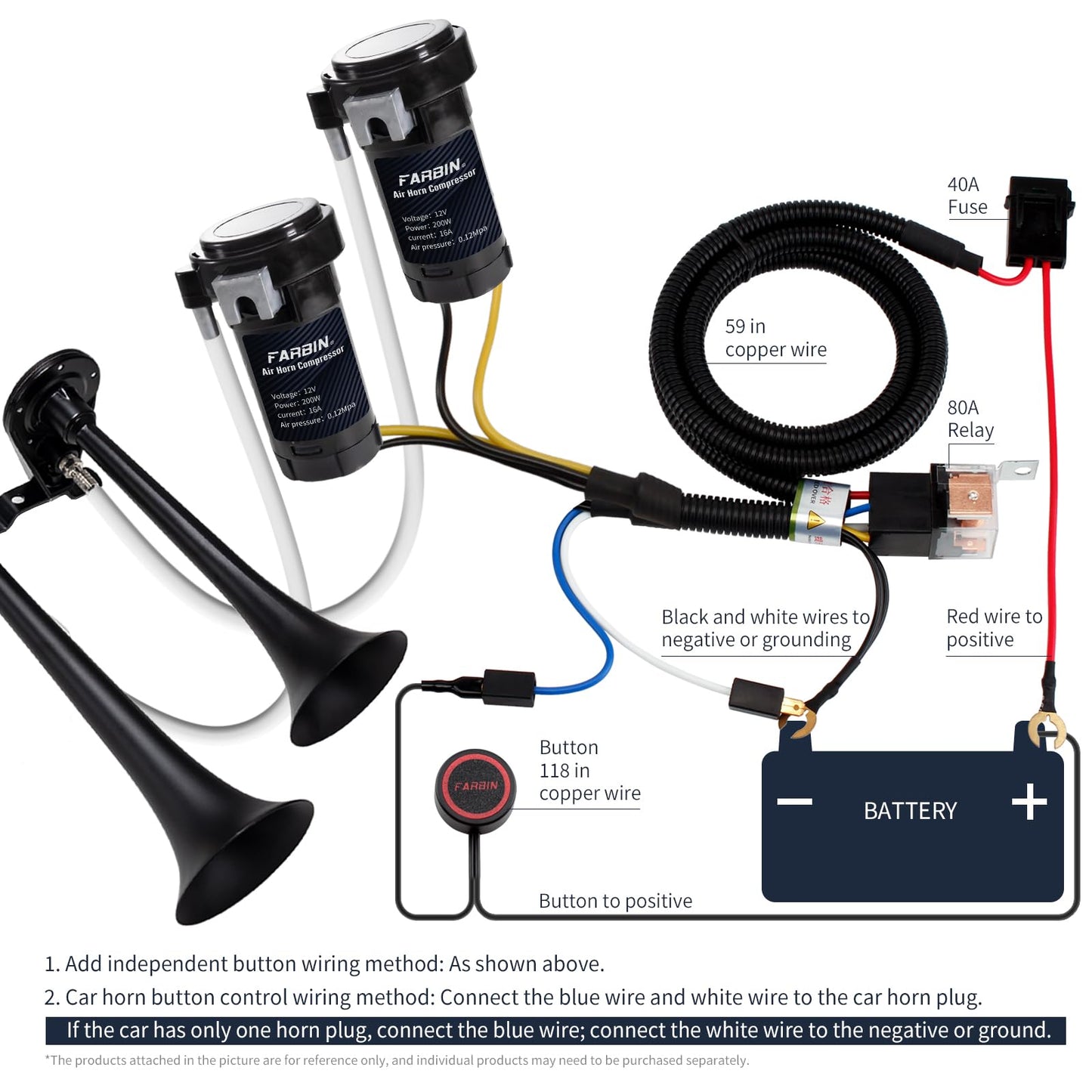 FARBIN Dual Trumpet Air Horn, Train Horn for Truck with 2 Air Compressors, 12V 178dB Loud Horns for Any 12V Vehicles Pickups SUV Lorrys Trucks Boats (Black Trumpet with Button)