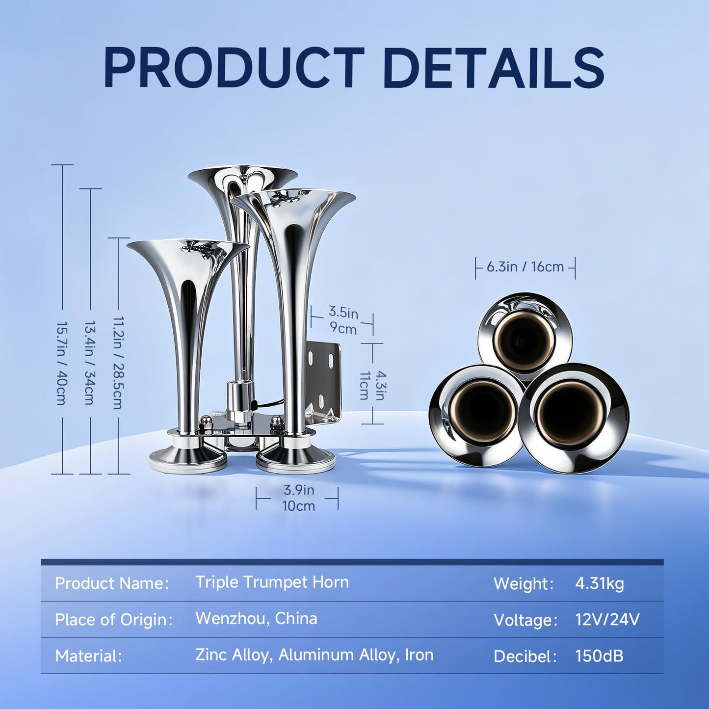 FARBIN Air Horn, 12/24V Heavy Duty Triple Trumpets Chrome Plated, Super Loud Train Horn for Truck Pickup Jeep RV SUV Boat