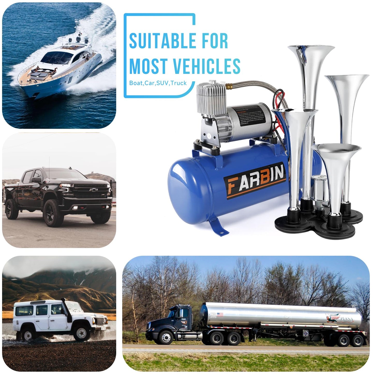 FARBIN Bocina de Tren para Camión 178DB Bocinas de Aire Superaltas Kit de 4 Bocinas de Trompeta con Compresor de Aire de 150 PSI 12V Tanque de Aire de 22.7 Litros para Camión, Coche, Jeep, SUV, Tren