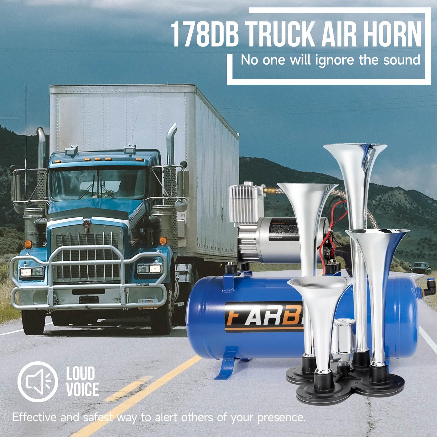 FARBIN Bocina de Tren para Camión 178DB Bocinas de Aire Superaltas Kit de 4 Bocinas de Trompeta con Compresor de Aire de 150 PSI 12V Tanque de Aire de 22.7 Litros para Camión, Coche, Jeep, SUV, Tren