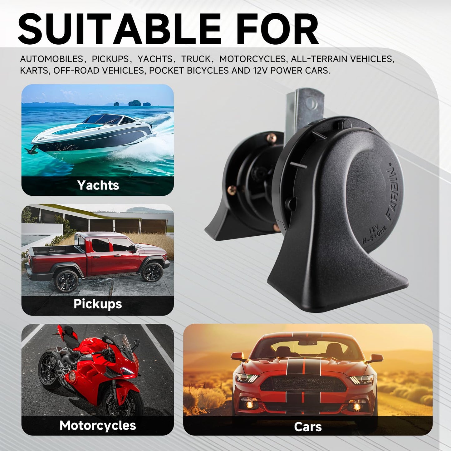 FARBIN Horns Auto Horn 12V Car Horn Loud Dual-Tone Waterproof Electric Snail Horns Kit Universal for Any 12V Vehicles Black (Black horn, 12v)